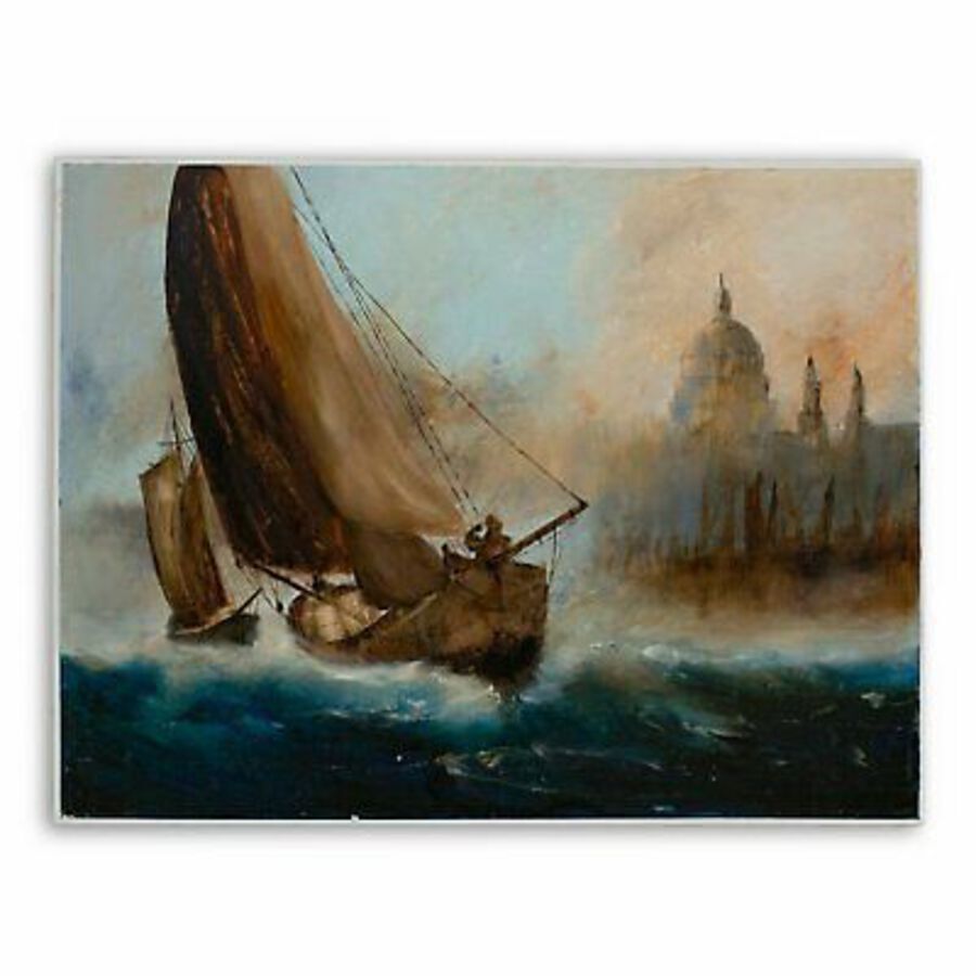 Antique Maritime Landscape, Oil Painting, Marine, Thames, London, Art, Original