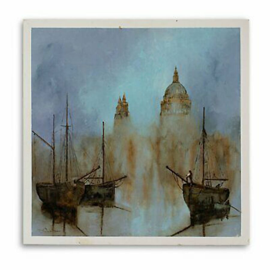 Antique Square Landscape, Oil Painting, Thames, St Paul's, London, Original, Art