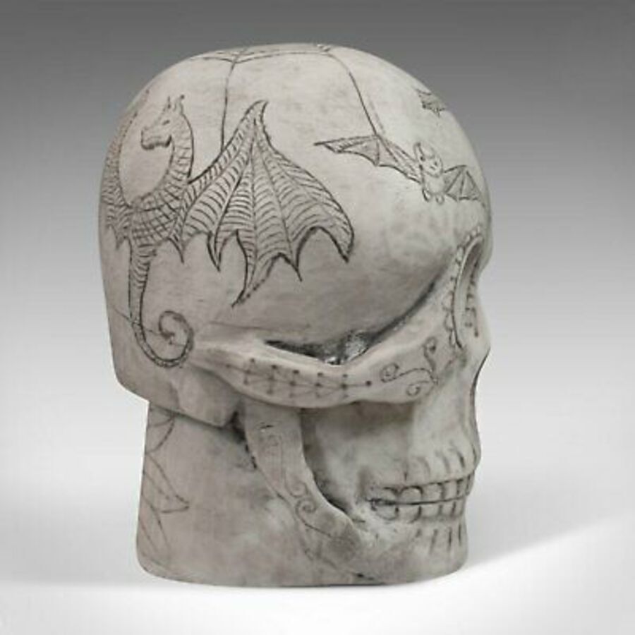 Antique Vintage Decorated Skull, English, Marble, Ornament, Hand Finished, D. Hurley