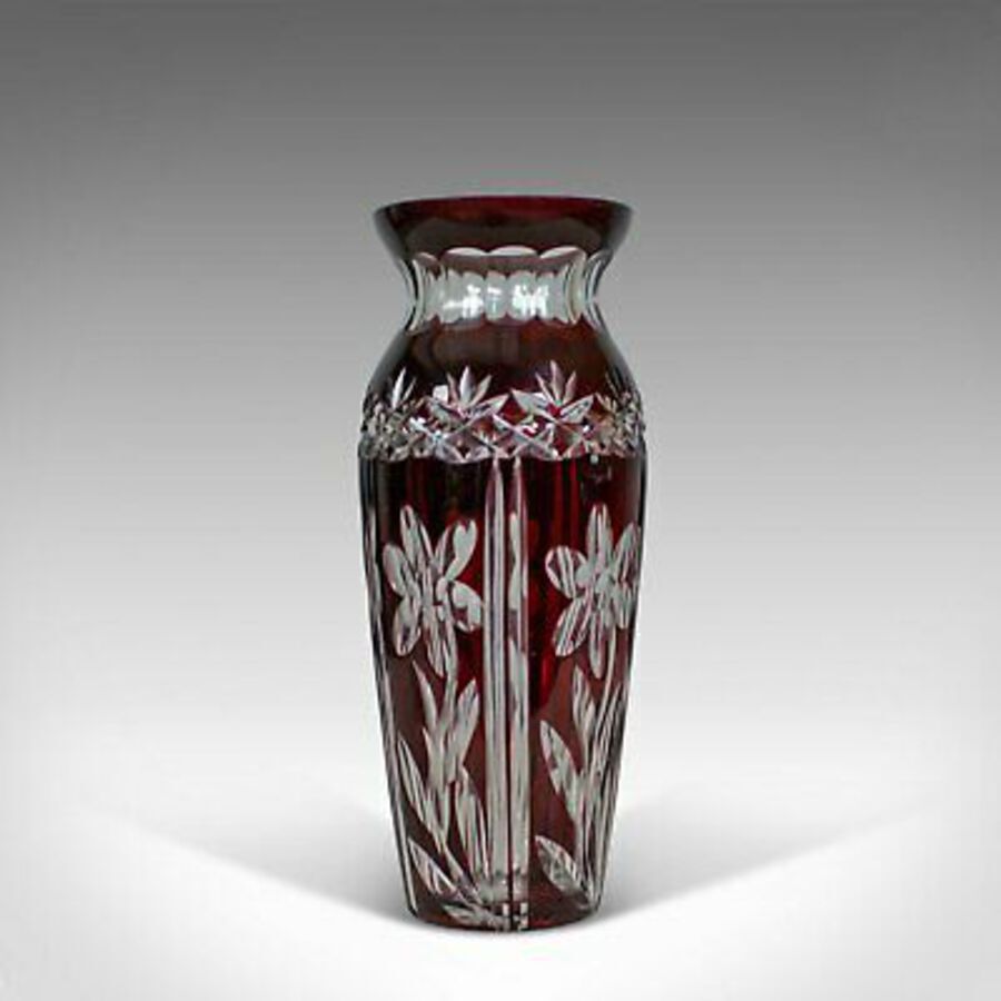 Antique Vintage Baluster Glass Vase, Claret, Cut, Art Deco Taste, Mid 20th Century