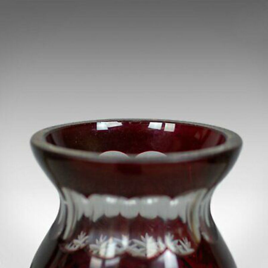 Antique Vintage Baluster Glass Vase, Claret, Cut, Art Deco Taste, Mid 20th Century