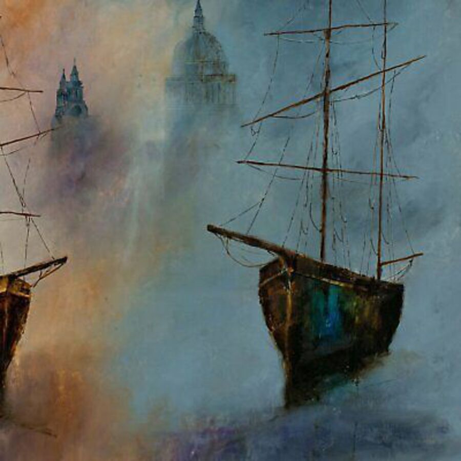 Antique Square London Landscape, Oil Painting, Marine, Thames, St. Paul's, Original, Art