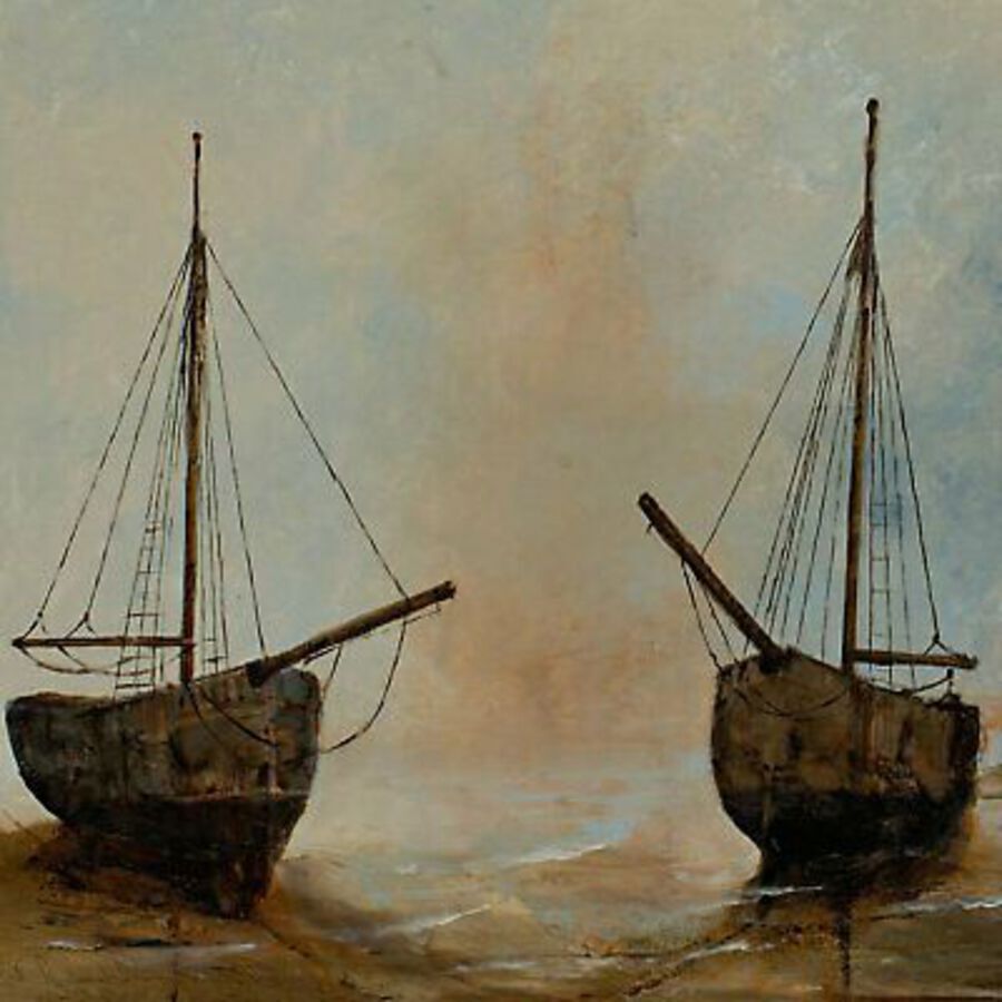 Antique Waterside Landscape, Oil Painting, Marine, Ships, Art, Original, 25