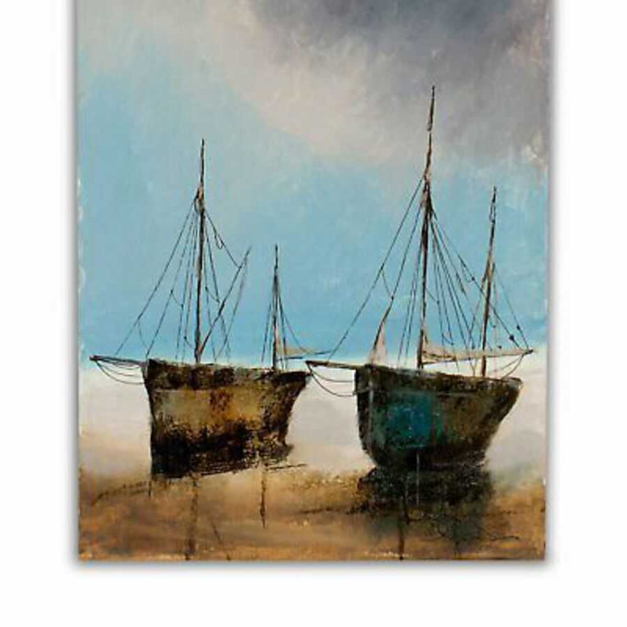 Antique Slimline Portrait, Oil Painting, Marine, Beach, Sky, Art, Original, 9
