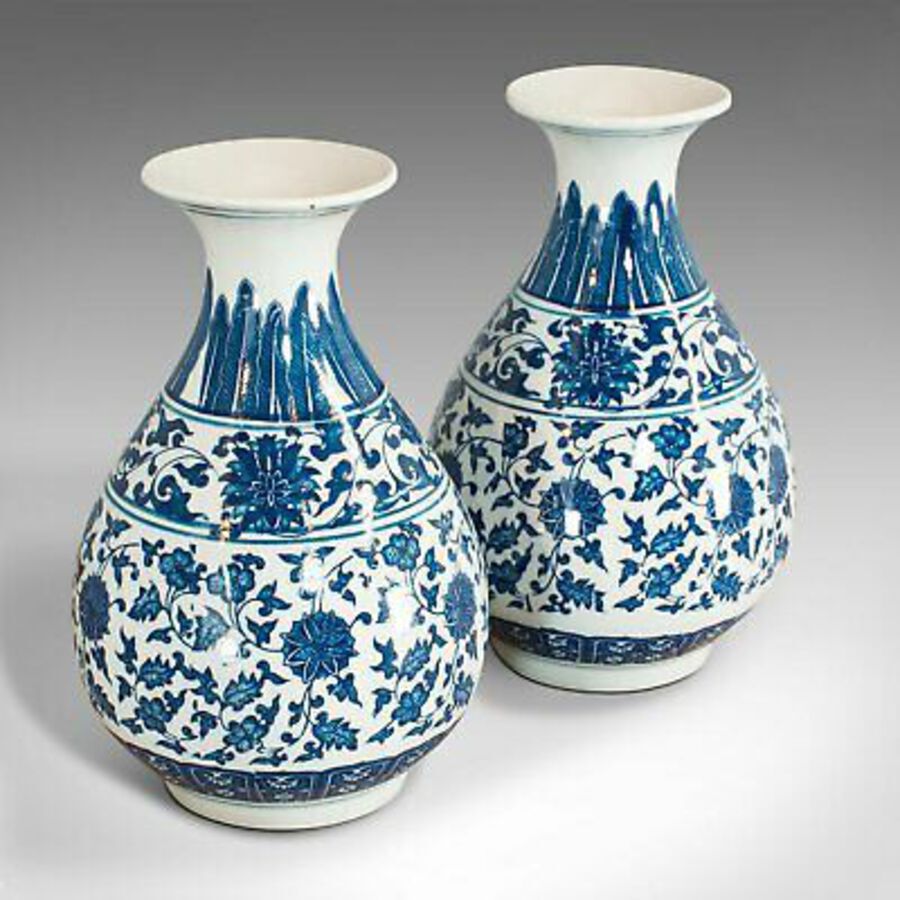 Pair Of, Vintage Decorative Vases, Oriental, Ceramic, Baluster Urn, 20th Century