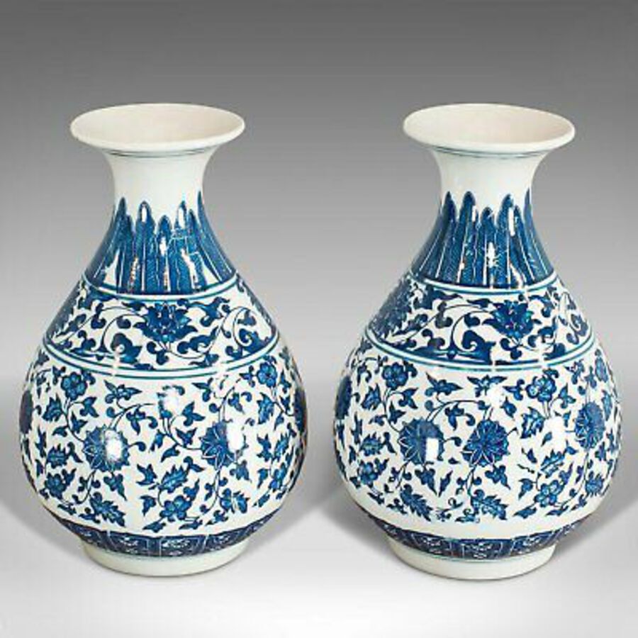 Antique Pair Of, Vintage Decorative Vases, Oriental, Ceramic, Baluster Urn, 20th Century