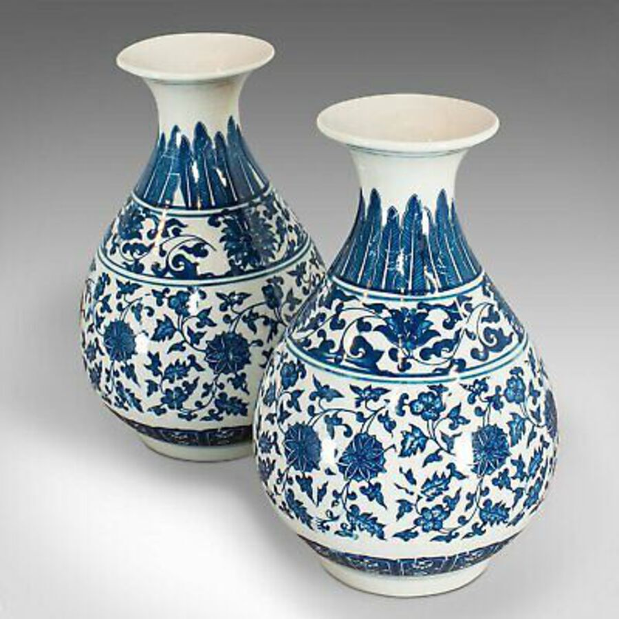 Antique Pair Of, Vintage Decorative Vases, Oriental, Ceramic, Baluster Urn, 20th Century