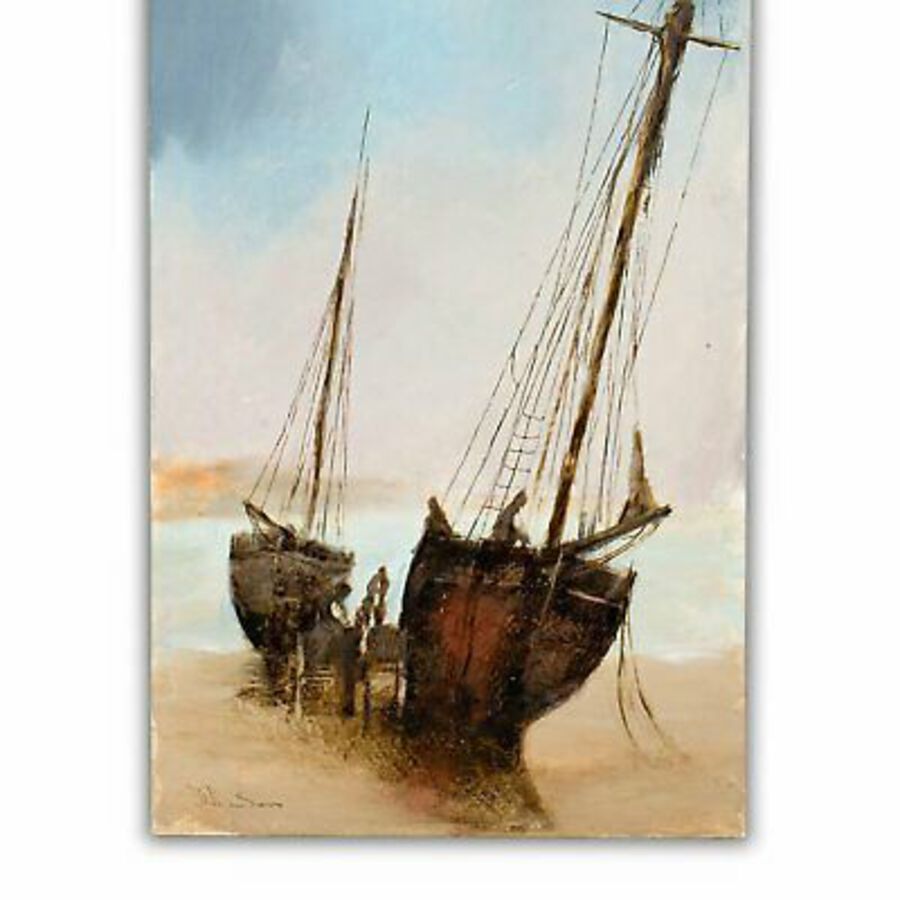 Antique Slimline Maritime Beach Scene, Oil Painting, Ships, Art, Original, 9