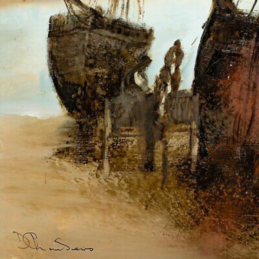 Antique Slimline Maritime Beach Scene, Oil Painting, Ships, Art, Original, 9