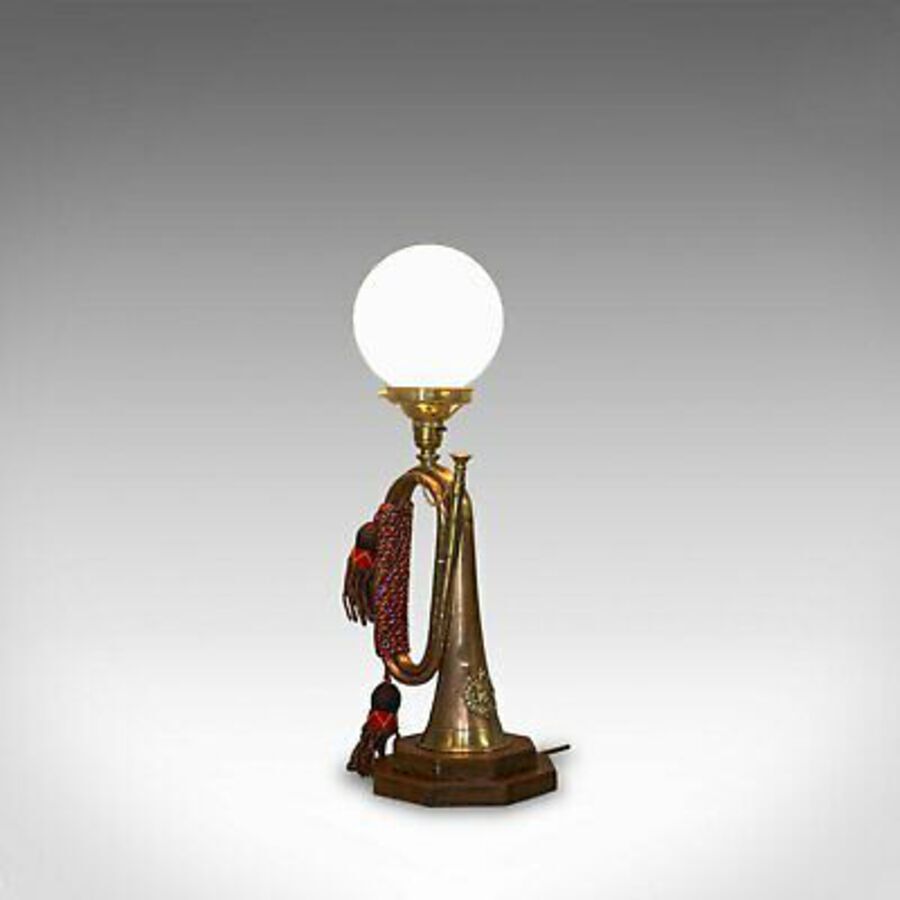 Vintage Bugle Lamp, English, Copper, Oak, Military, Bespoke, Table Light