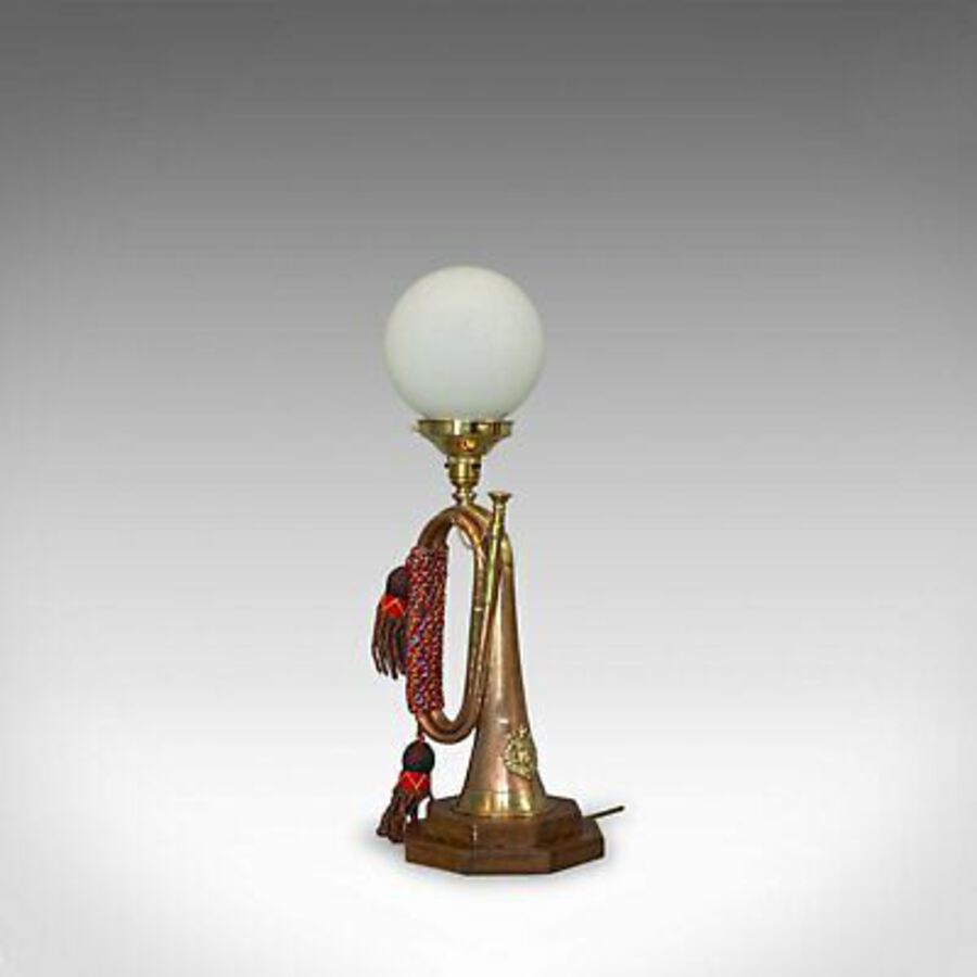 Antique Vintage Bugle Lamp, English, Copper, Oak, Military, Bespoke, Table Light
