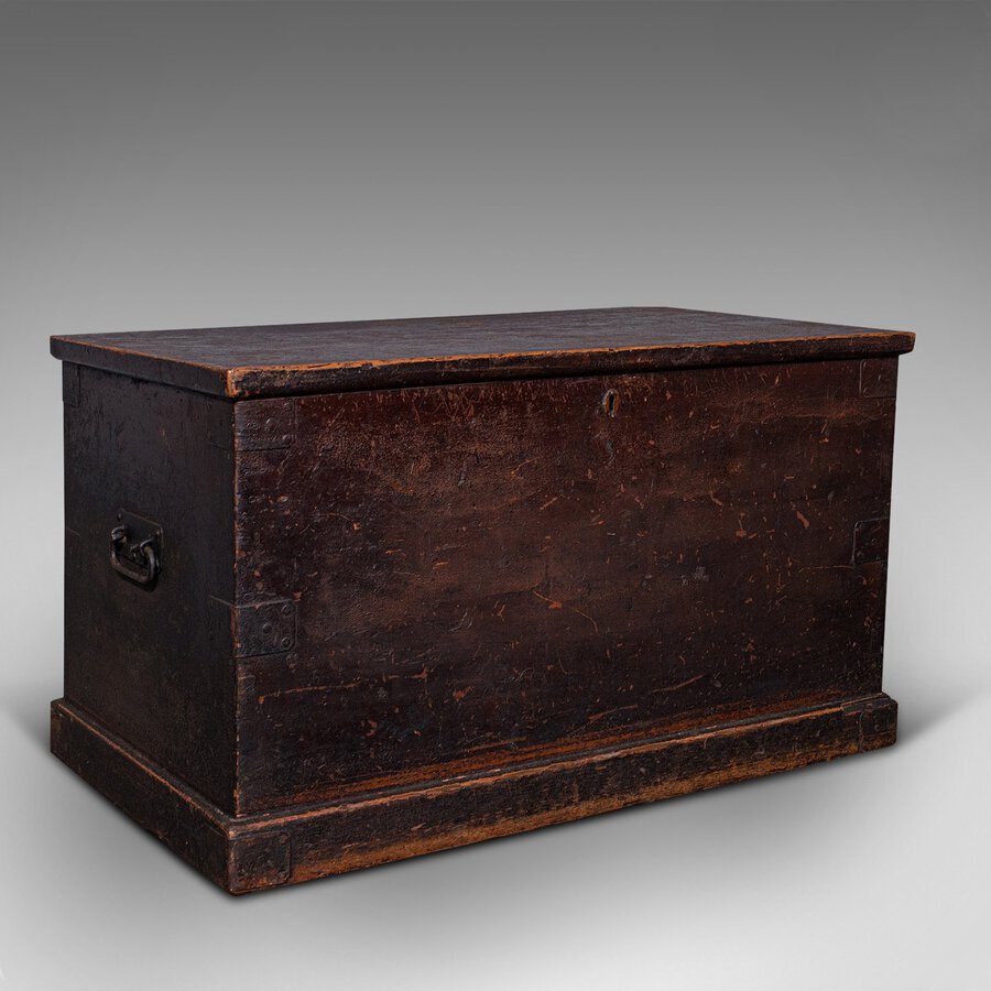 Large Antique Shipping Trunk, English, Pine, Travel, Tool Chest, Victorian, 1880
