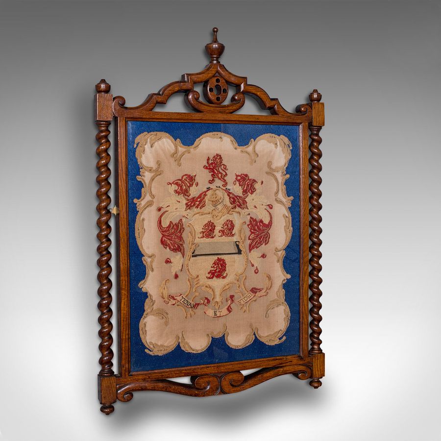 Antique Framed Coat of Arms, English, Needlepoint Tapestry, Oak, Victorian, 1900