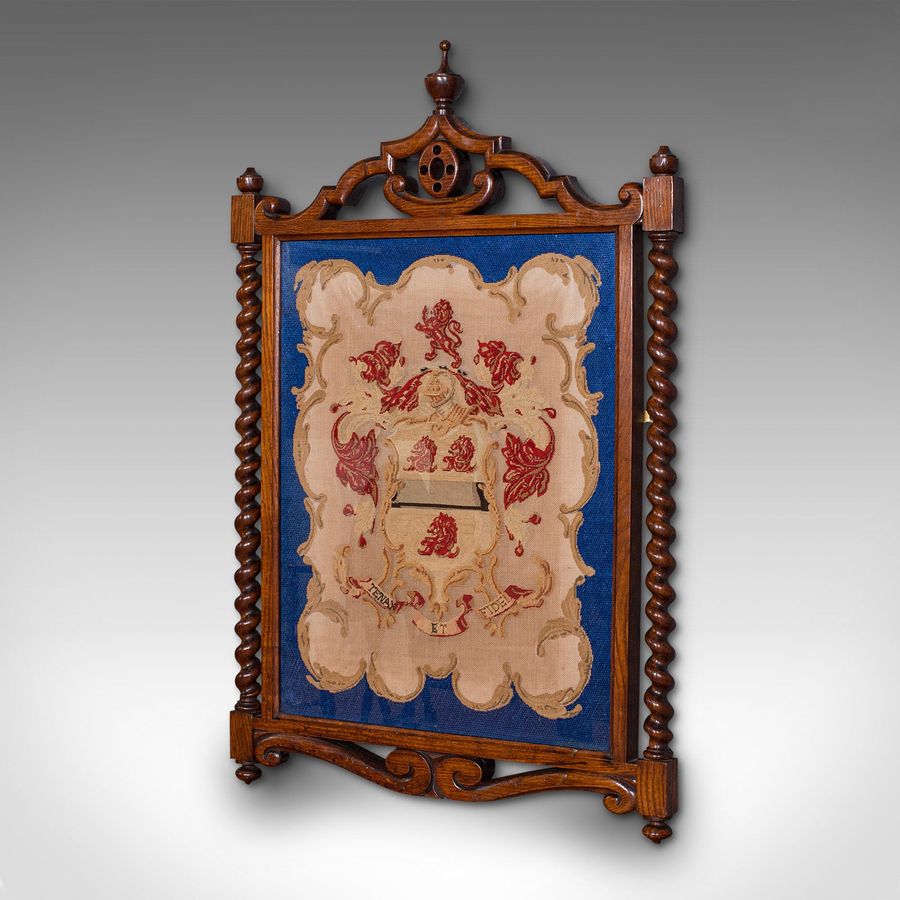Antique Antique Framed Coat of Arms, English, Needlepoint Tapestry, Oak, Victorian, 1900