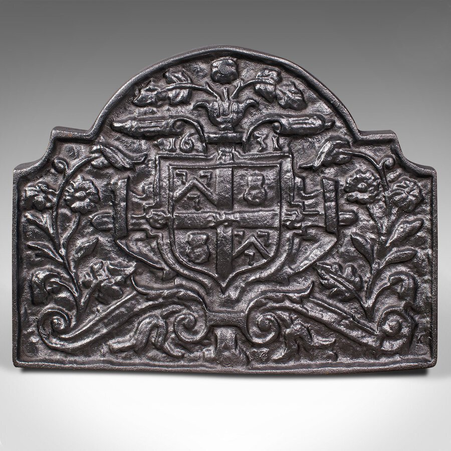 Antique Antique Decorative Fireback, English, Cast Iron, Fireplace, Heraldic, Victorian
