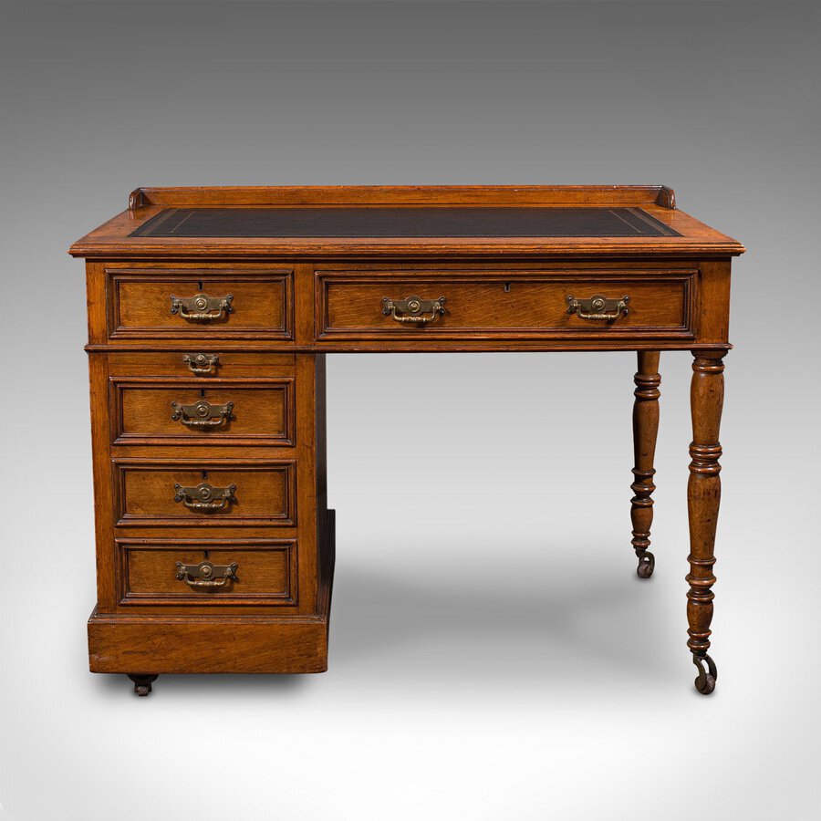 Antique Antique Pedestal Desk, English, Oak, Leather, Writing Table, Victorian, C.1880