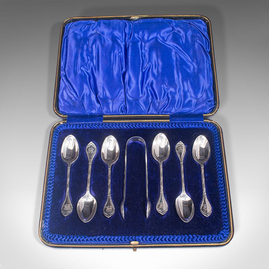Antique Set Of 6, Antique Tea Spoons, English, Silver, Hallmark, London, Victorian, 1900