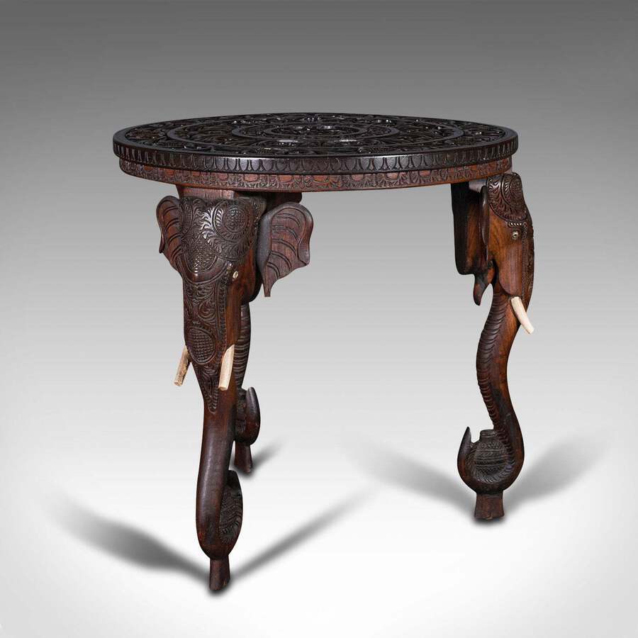 Antique Antique Carved Circular Table, Indian, Teak, Colonial, Campaign, Victorian, 1900