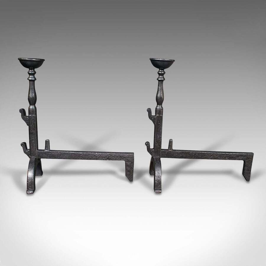 Antique Pair, Large Antique Fire Dogs, English, Cast Iron, Fireplace Andiron, Victorian