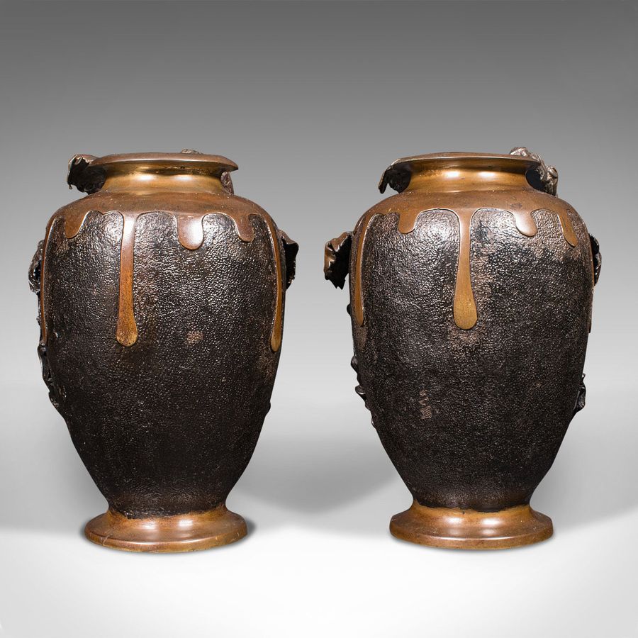 Antique Large Pair Of Antique Decorative Vases, Japanese, Bronze, Amphora, Victorian