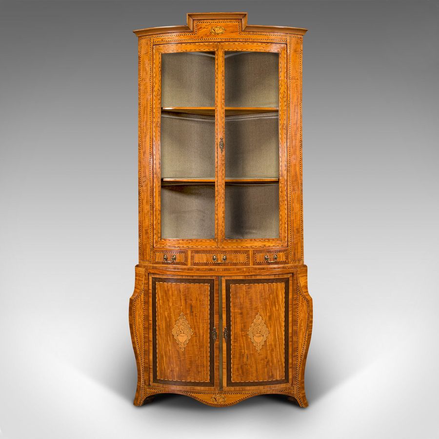 Antique Antique Showcase Corner Cabinet, Dutch, Satinwood, Display Case, Victorian, 1880