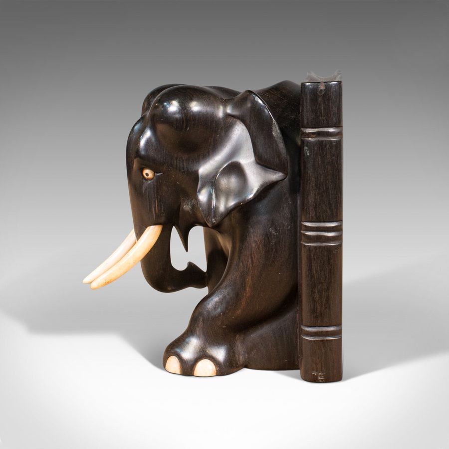 Antique Pair Of Antique Elephant Bookends, English, Ebony, Carved, Book Rest, Victorian
