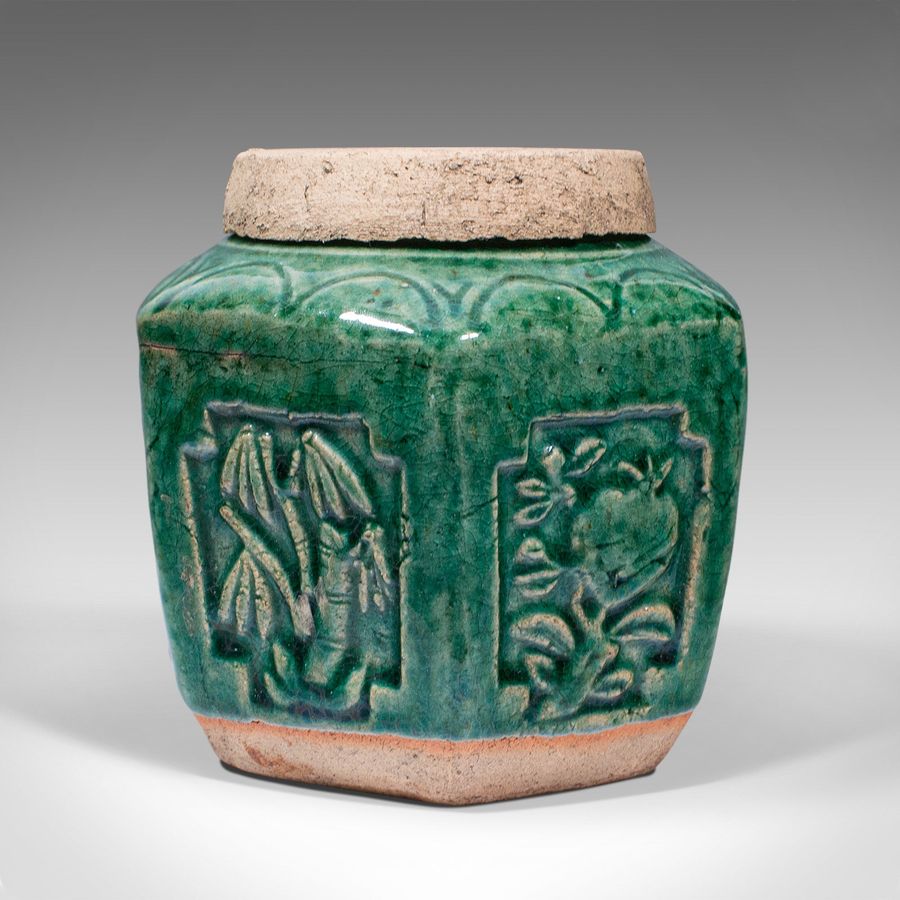 Antique Antique Hexagonal Spice Jar, Japanese, Glazed Earthenware, Pot, Meiji, Victorian