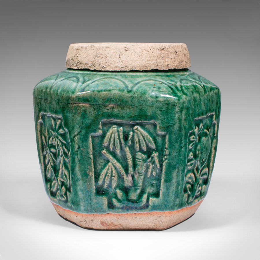 Antique Antique Hexagonal Spice Jar, Japanese, Glazed Earthenware, Pot, Meiji, Victorian
