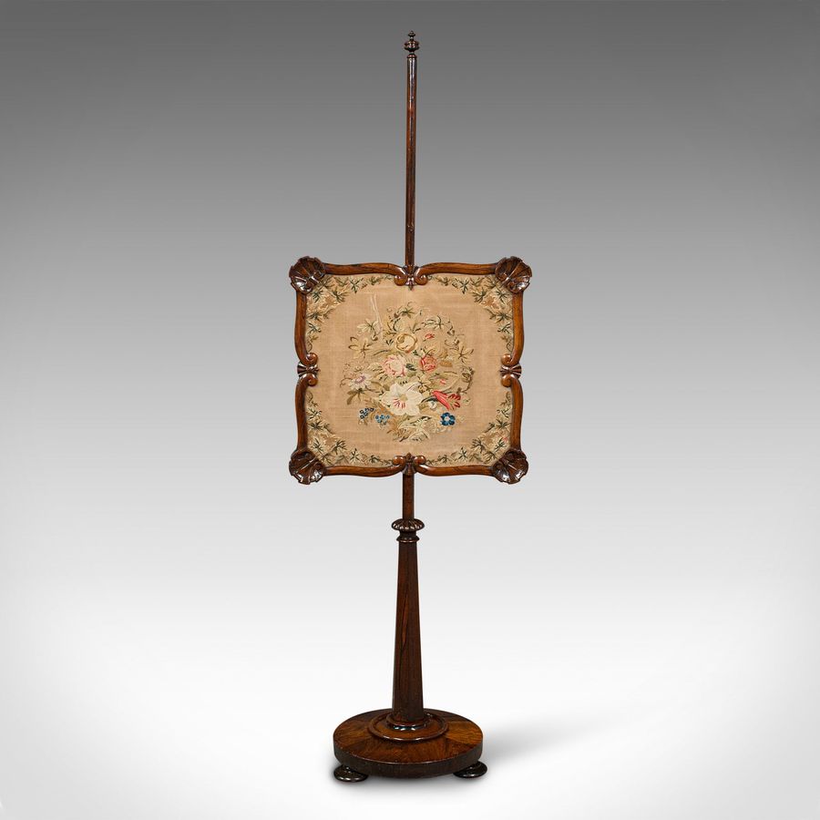 Antique Antique Fireside Pole Screen, English, Needlepoint Tapestry, Adjustable, Regency