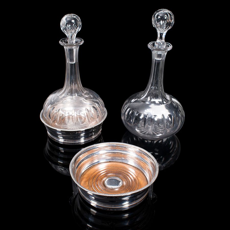 Antique Pair Of Antique Decanters And Stands, English, Silver Plate, Edwardian, C.1910