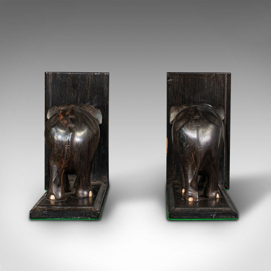 Antique Pair Of Small Antique Elephant Bookends, Anglo Indian, Ebony, Victorian, C.1890