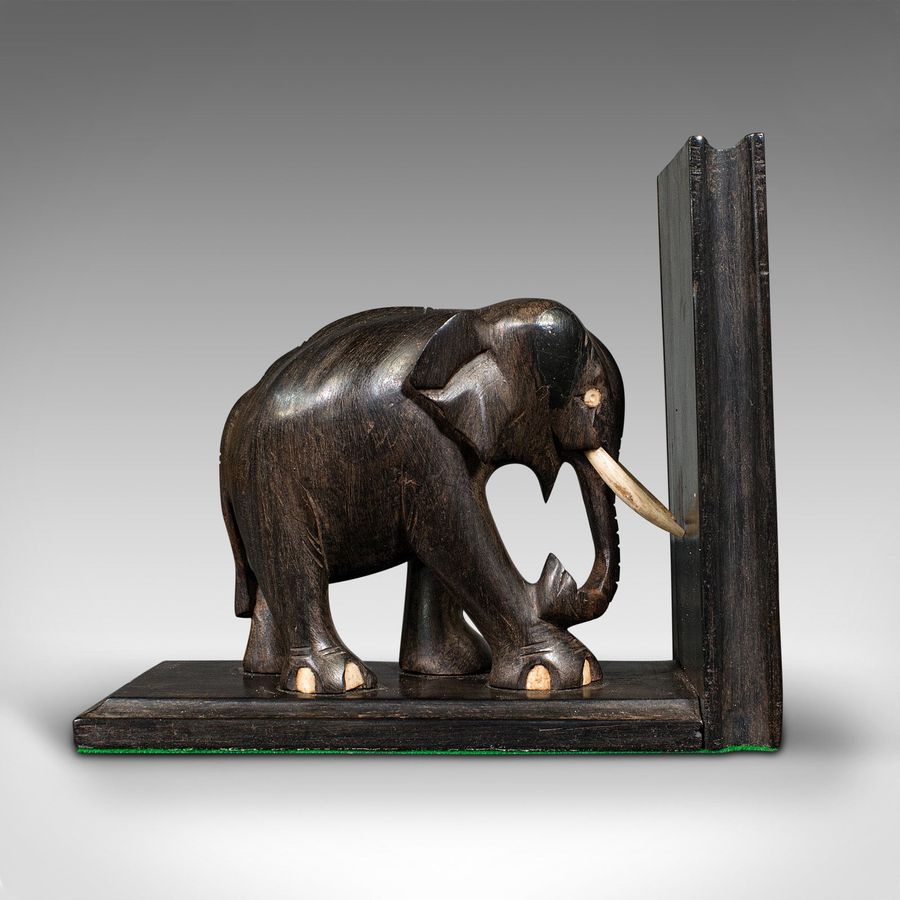 Antique Pair Of Small Antique Elephant Bookends, Anglo Indian, Ebony, Victorian, C.1890