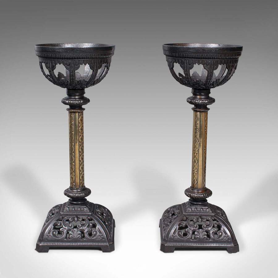 Antique Pair Of Antique Candlesticks, English, Iron, Brass, Gothic Revival, Victorian