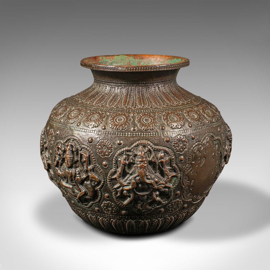 Antique Antique Celebration Pot, Indian, Bronze, Diwali Vase, Ganesh, Lakshmi, Victorian