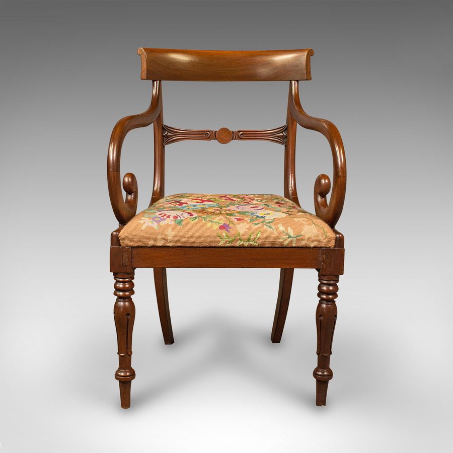 Antique Antique Scroll Arm Chair, English, Armchair, Desk, Needlepoint, Regency, C.1830