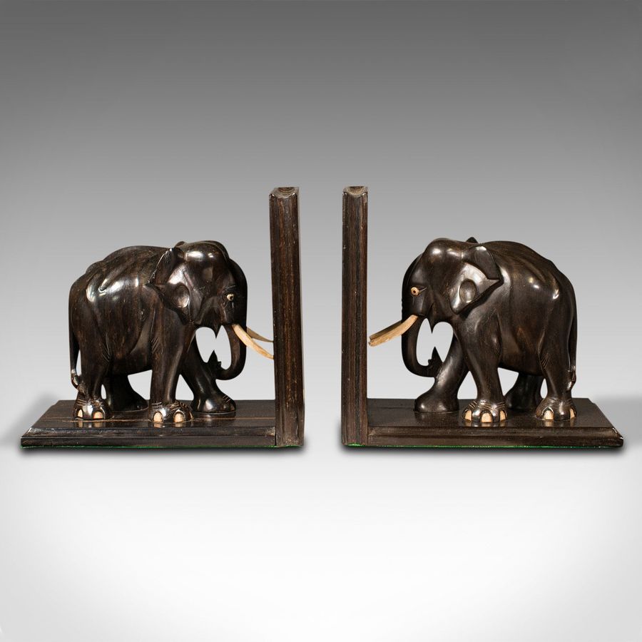 Antique Pair Of Antique Elephant Bookends, Anglo Indian, Ebony, Decorative, Book Rest