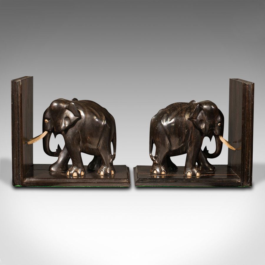 Antique Pair Of Antique Elephant Bookends, Anglo Indian, Ebony, Decorative, Book Rest