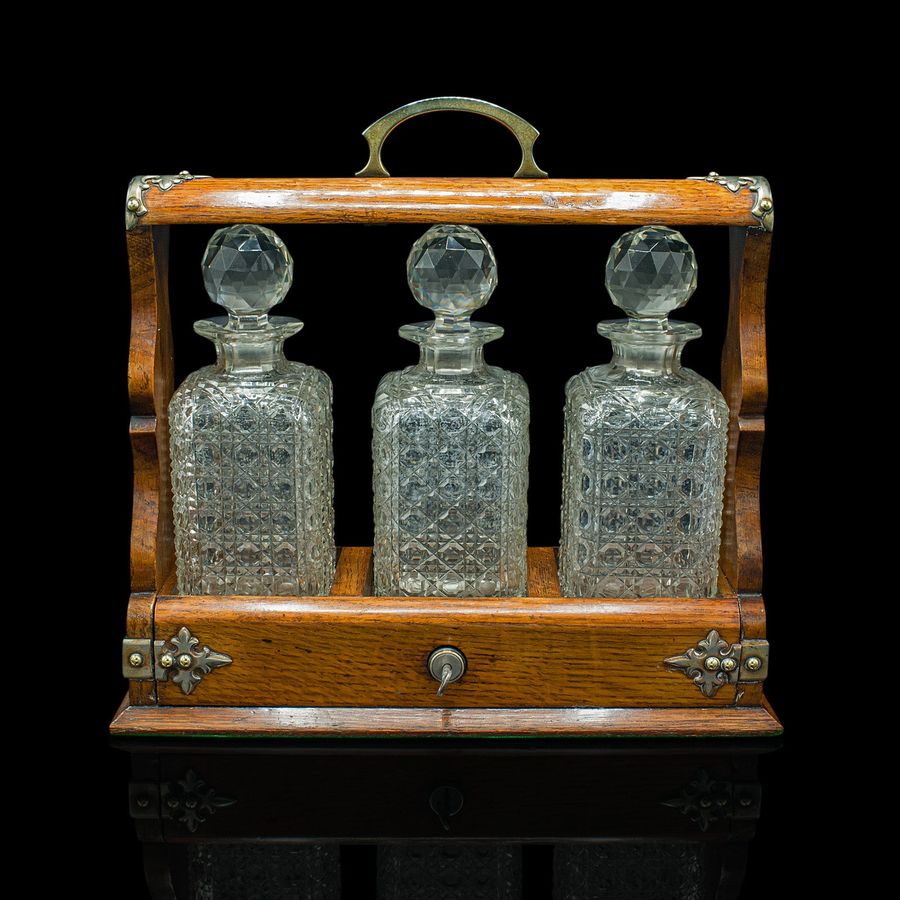 Antique Antique Locking Tantalus, English, Oak, Glass, Decanter Case, Edwardian, C.1910