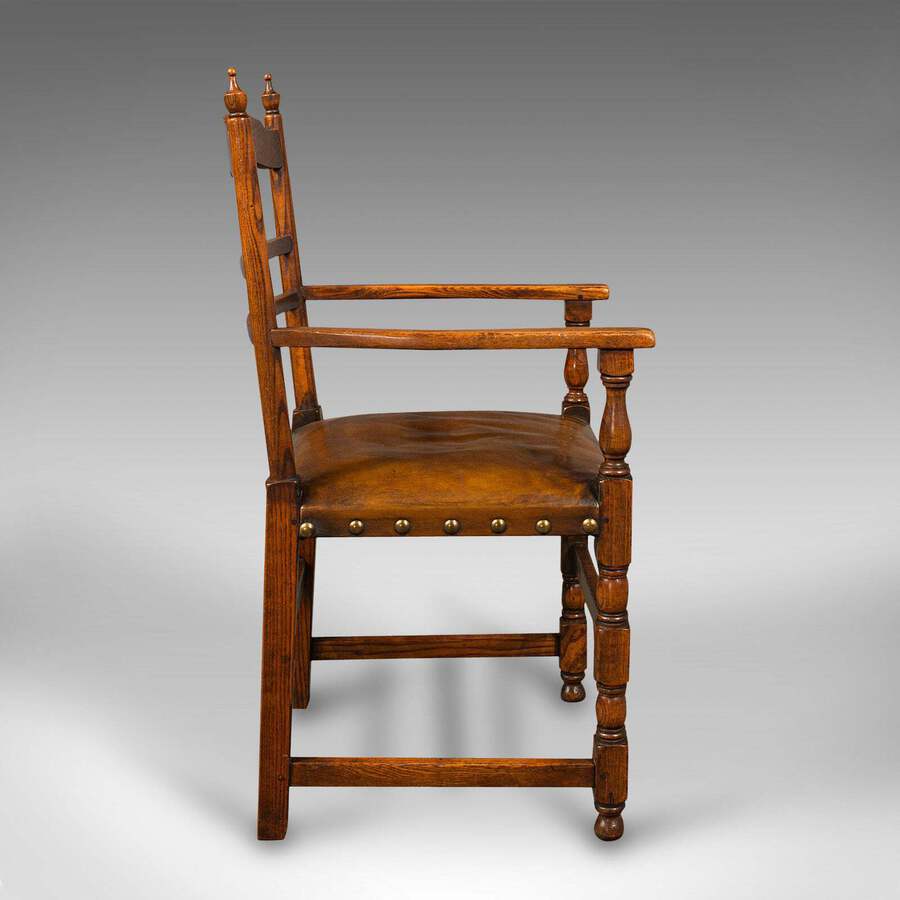 Antique Set Of 8 Antique Dining Chairs, English, Oak, Carver, Seat, Edwardian, C.1910