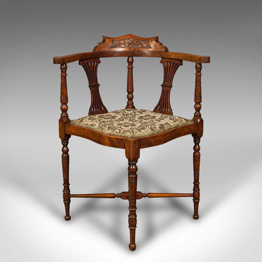 Antique Antique Corner Arm Chair, English, Walnut, Dressing Seat, Art Nouveau, Victorian