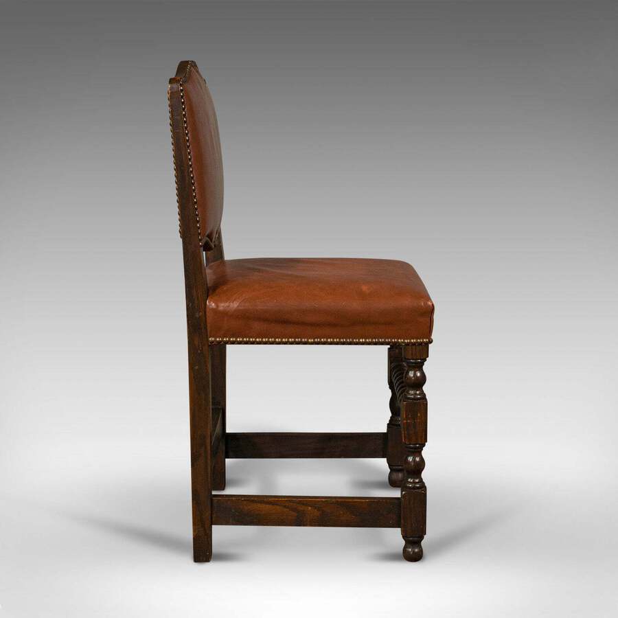 Antique Set Of 6 Antique Dining Chairs, English, Leather, Oak, Seat, Edwardian, C.1910