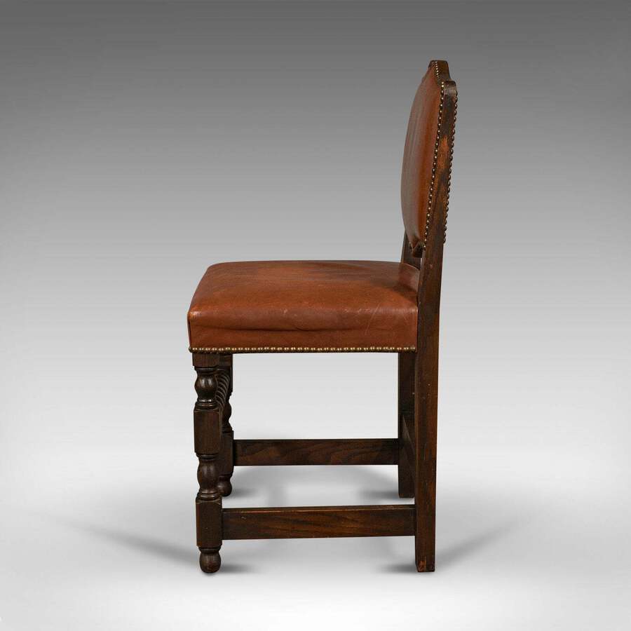 Antique Set Of 6 Antique Dining Chairs, English, Leather, Oak, Seat, Edwardian, C.1910