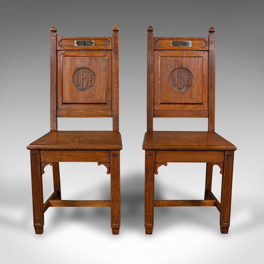 Antique Pair Of Antique Hall Chairs, English Oak, Dining Seat, Ecclesiastical, Victorian