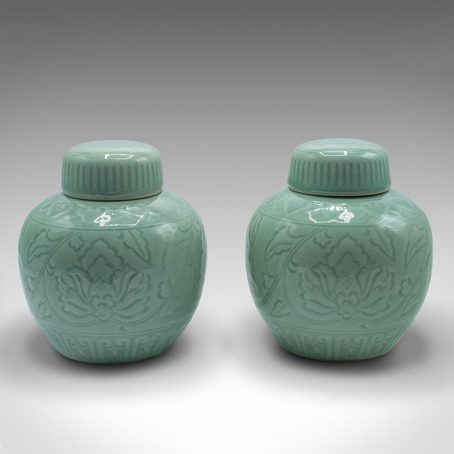 Antique Pair Of Antique Decorative Spice Jars, Chinese, Celadon, Ceramic Pot, Victorian