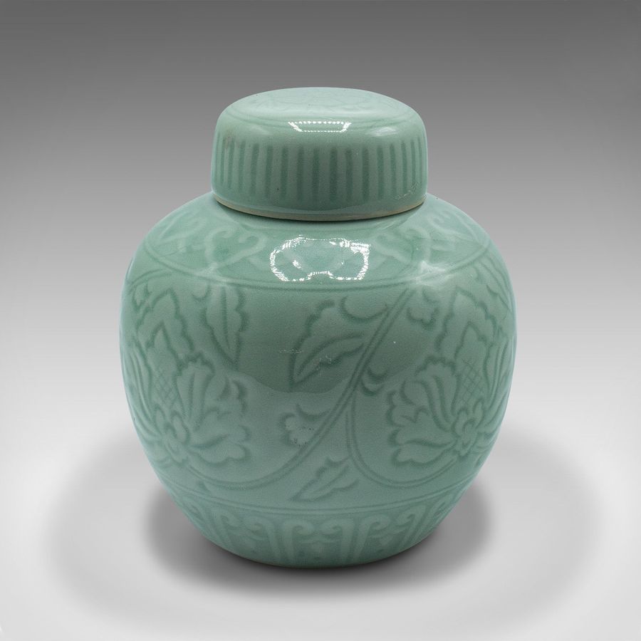 Antique Pair Of Antique Decorative Spice Jars, Chinese, Celadon, Ceramic Pot, Victorian