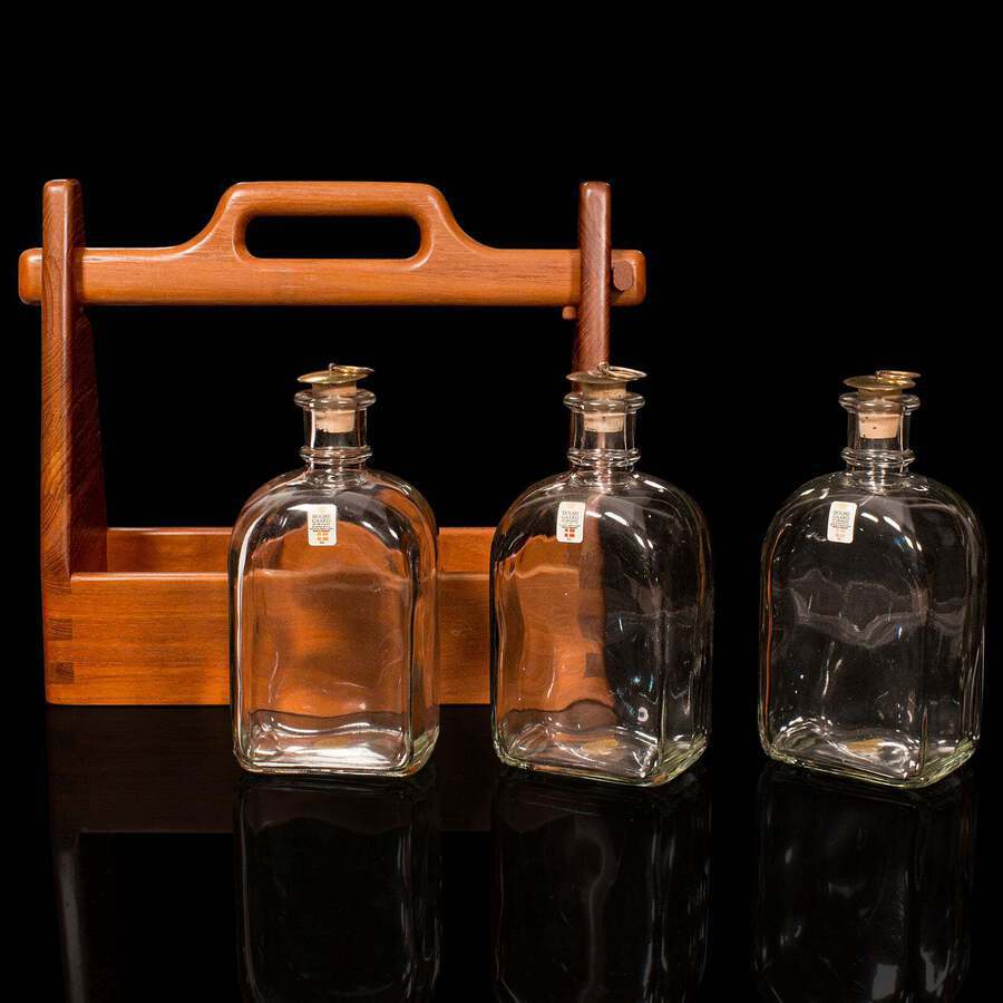 Antique Vintage Spirit Tantalus, Danish, Teak, Glass, Bar Caddy, Decanters, Mid Century