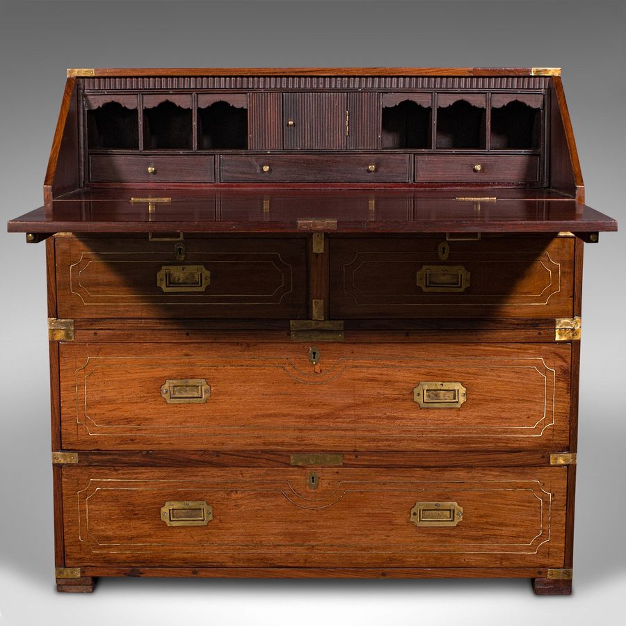 Antique Antique Campaign Bureau, Anglo Indian, Teak, Colonial Writing Desk, Victorian