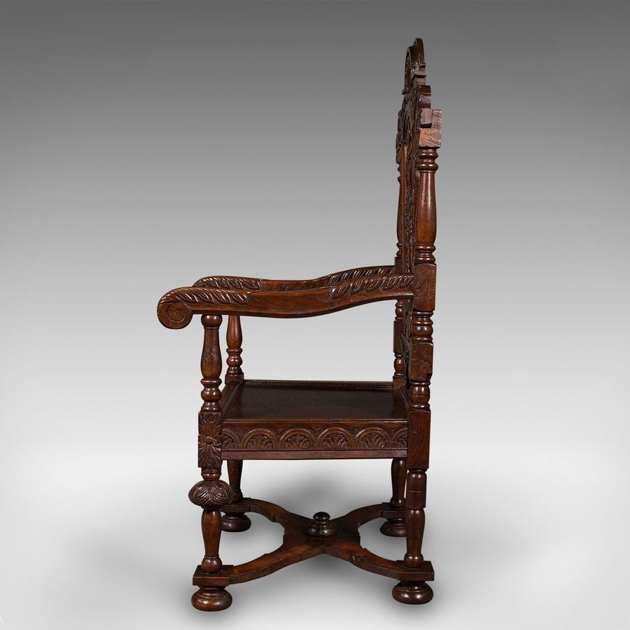 Antique Antique Carved Throne Chair, Scottish Oak, Carver, Elbow Seat, Gothic, Victorian