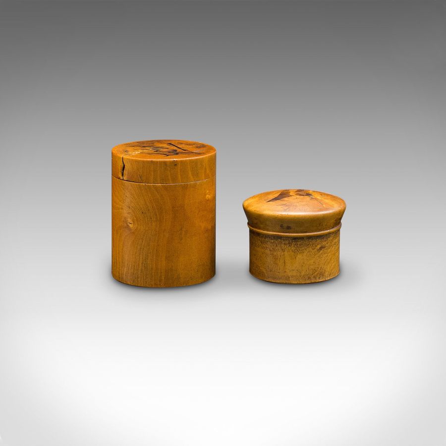 Antique Set Of 2 Small Antique Apothecary Boxes, English Yew, Miniature Treen, Victorian