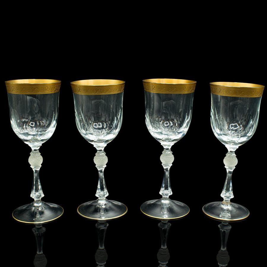Antique Set of 4 Antique Wine Glasses, French, Gilt, Decorative, Stem Glass, Art Deco